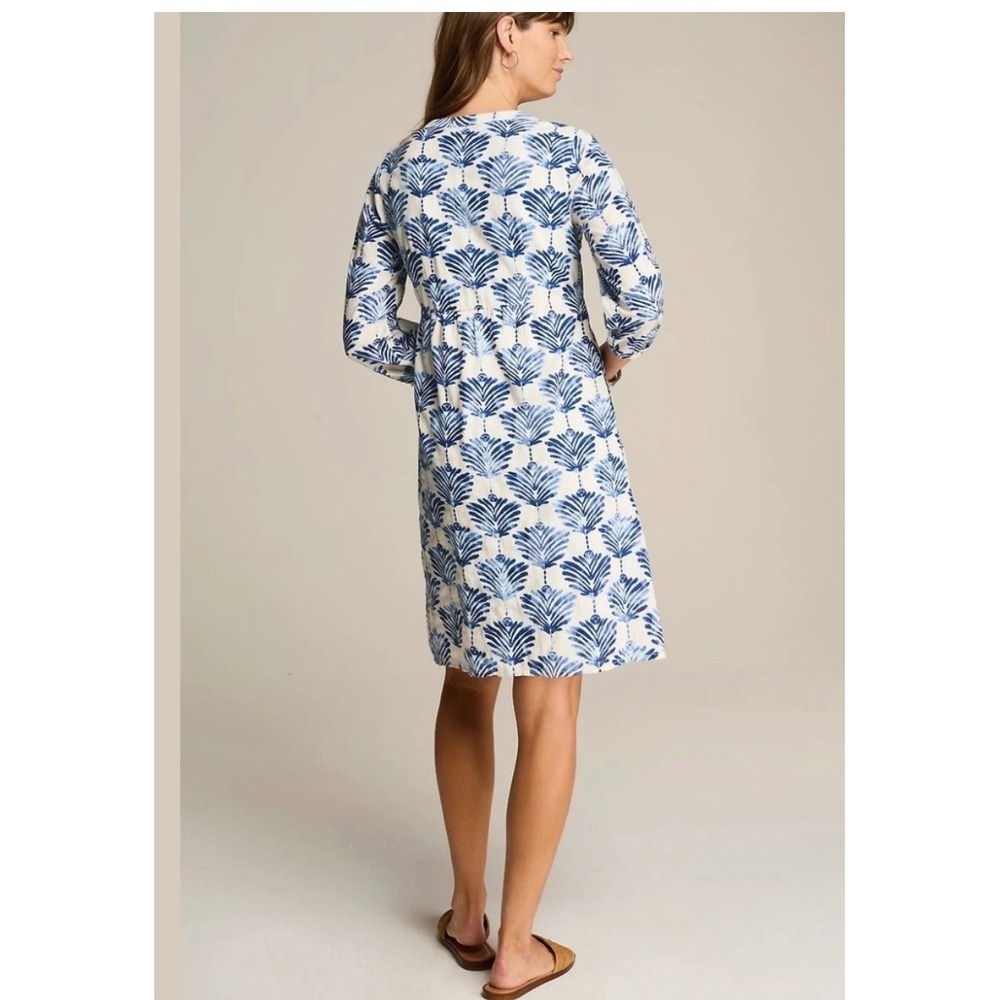 J. Jill Blue White Cotton Dress XL Coastal Boho Vaca Resort Tropical Split Neck - Picture 2 of 11